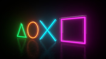 Geometry Neon lights in the room with Modern Blue Ambient lights background. Game symbols playstatio...