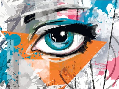 Illustration with an eye. Bright pattern on the wall background. Vector. Blue eye. Bright spots.