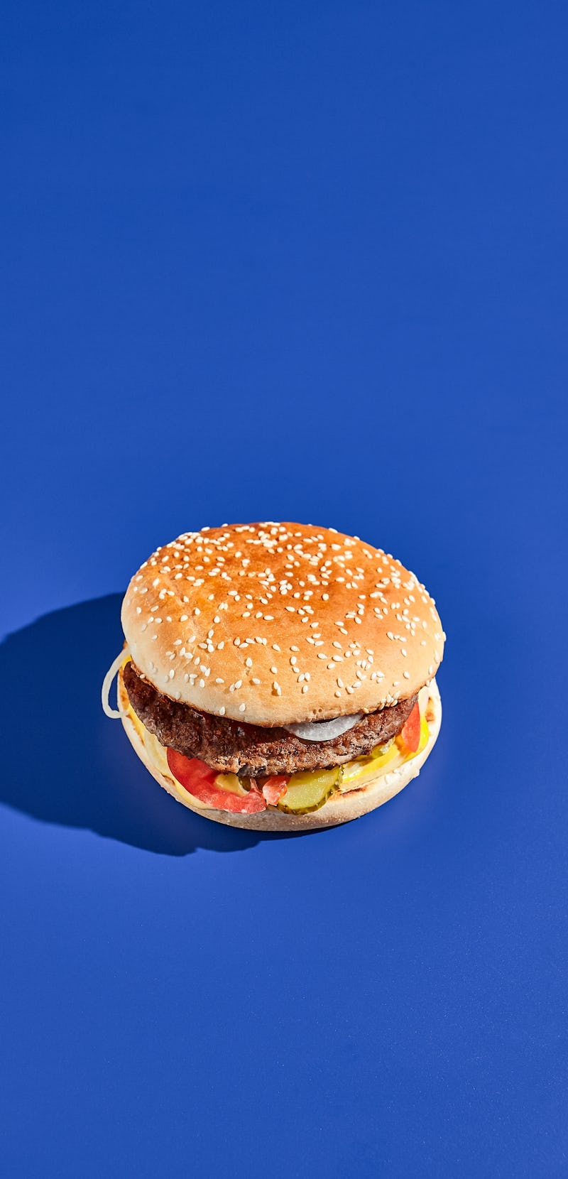 Beef burger blue background with hard shadow. American junk food minimal style. Hamburger trendy sty...