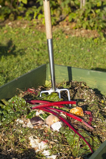 Garden fork in a compost bin.