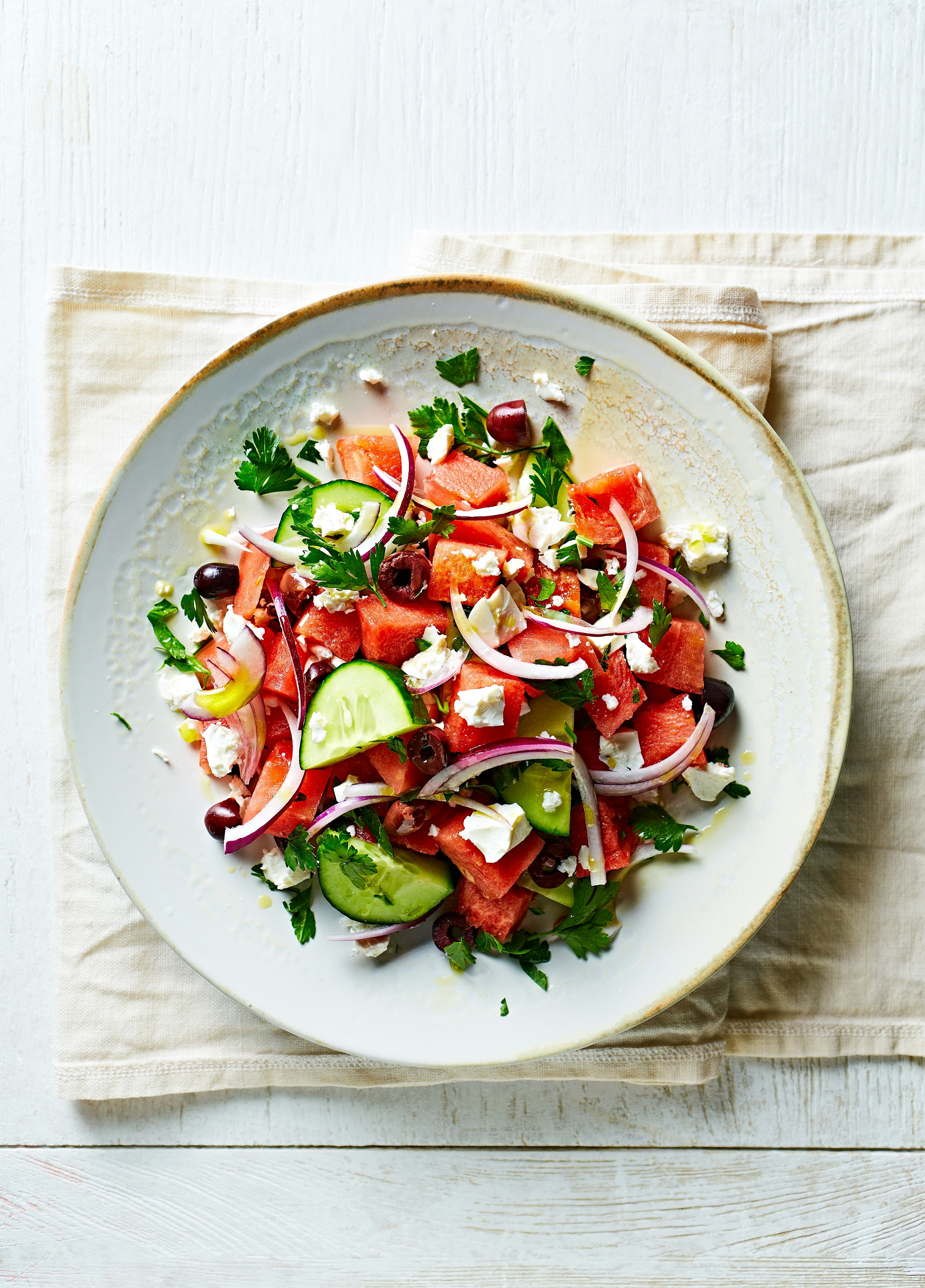 Watermelon Greek Salad with Kalamata Olives. Top view