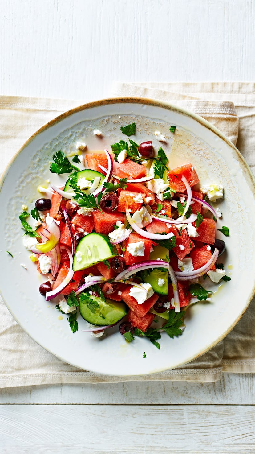 Watermelon Greek Salad with Kalamata Olives. Top view