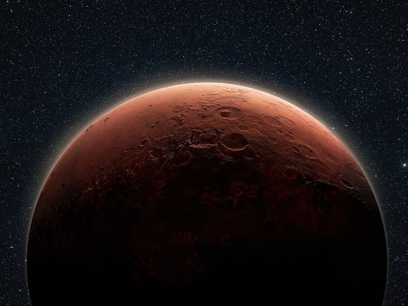 Amazing red planet Mars in deep stellar space. Journey to Mars Concept