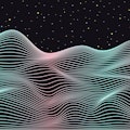 Distorted neon grid pattern and stars space. Abstract background. Retro wave, synthwave, rave, vapor...