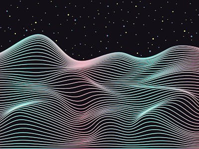 Distorted neon grid pattern and stars space. Abstract background. Retro wave, synthwave, rave, vapor...