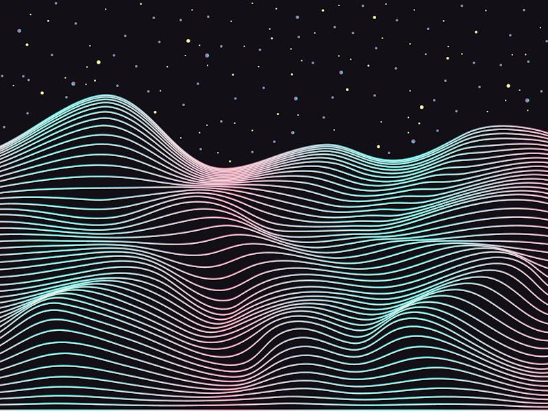 Distorted neon grid pattern and stars space. Abstract background. Retro wave, synthwave, rave, vapor...