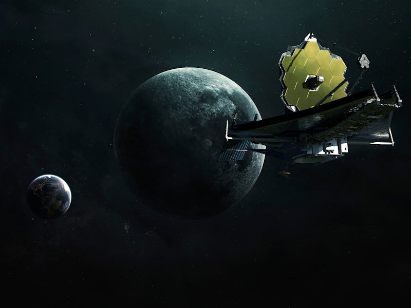 The James Webb telescope at the Langrange point L2. JWST launch art. Elements of image provided by N...