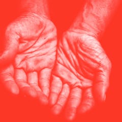 close up hands poor old man or beggar begging you for help sitting at dirty slum. concept for povert...