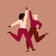 Friendly young women jumping and giving high five. Concept of female friendship and teamwork. Vector...