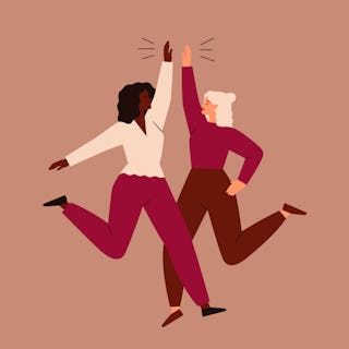 Friendly young women jumping and giving high five. Concept of female friendship and teamwork. Vector...