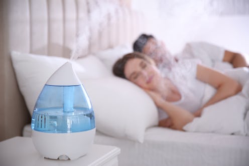 Couple sleeping in bedroom with modern air humidifier