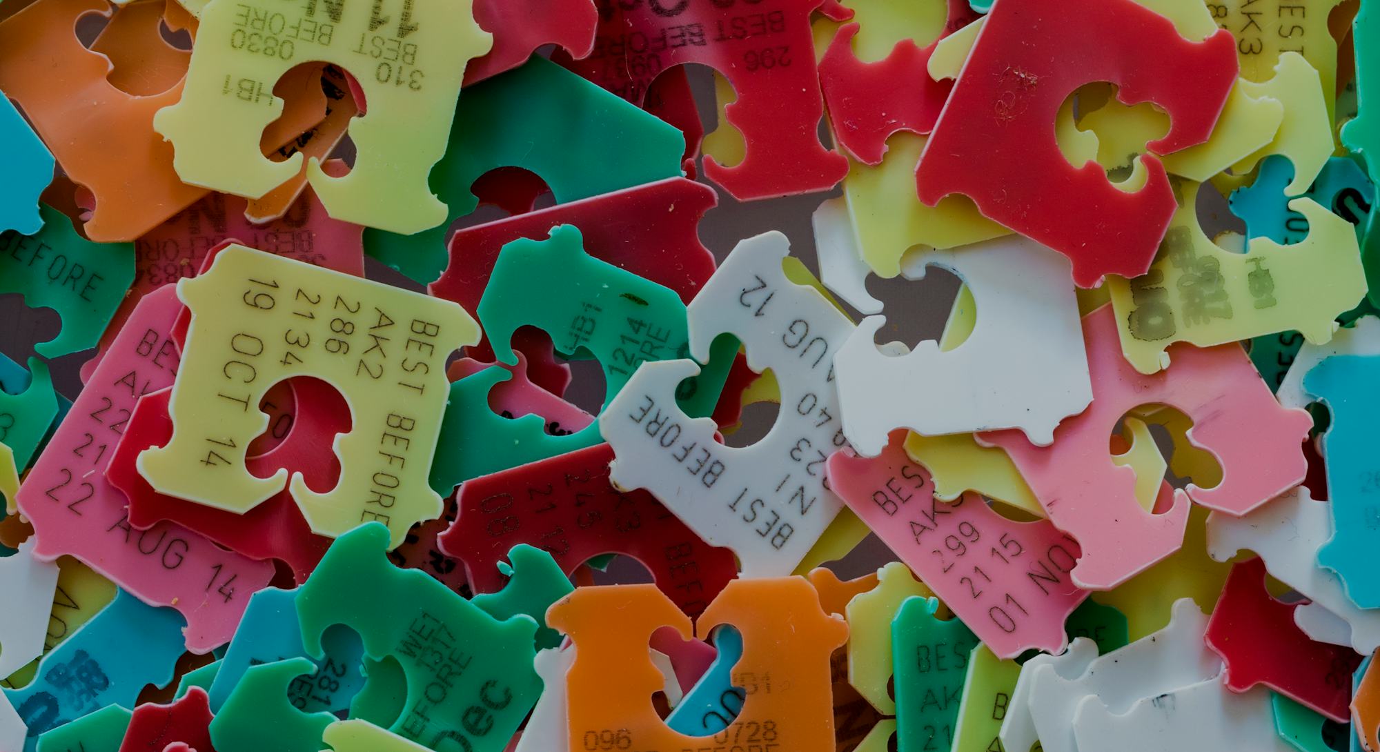 Mixture of colored best date tags used on bread bags.