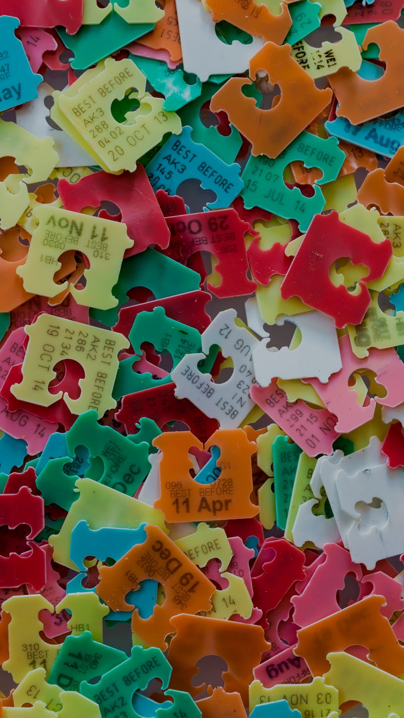 Mixture of colored best date tags used on bread bags.