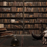 the wizard's room with library, old books, potion, and scary things 3d render 3d illustration