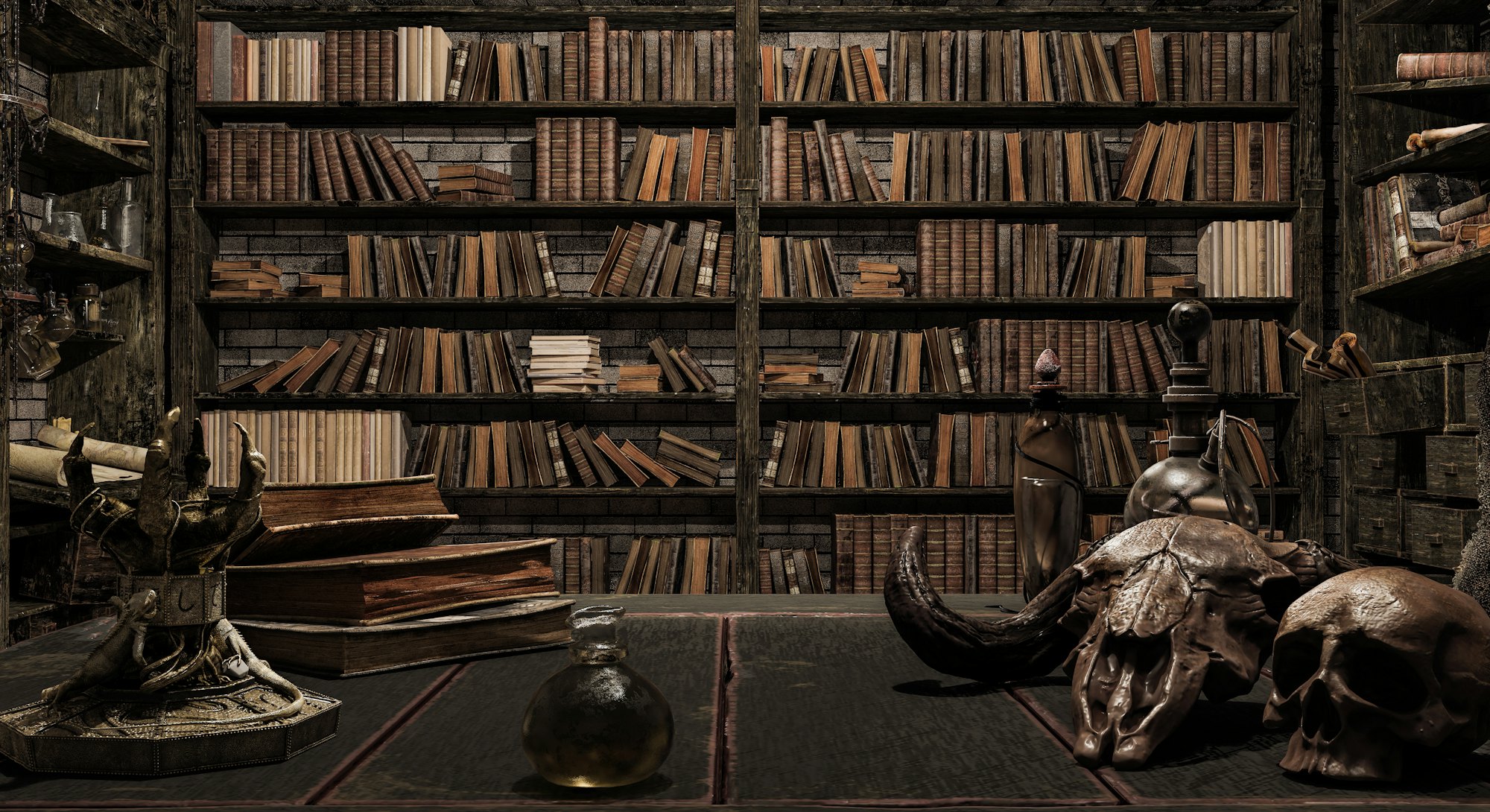 the wizard's room with library, old books, potion, and scary things 3d render 3d illustration