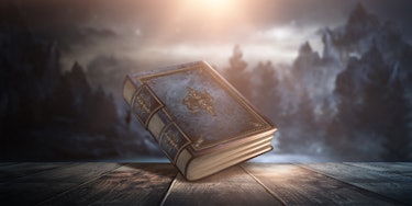 Magic vintage fantasy book on a dark background, landscape, smoke, fog, neon moonlight in the dark. ...