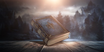 Magic vintage fantasy book on a dark background, landscape, smoke, fog, neon moonlight in the dark. ...