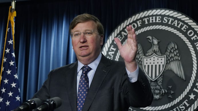 Mississippi Gov. Tate Reeves speaks during a news conference, May 18, 2022, in Jackson, Miss. The Re...