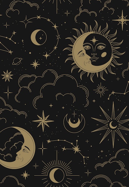 Magic seamless vector pattern with sun, constellations, moons and stars. Gold decorative ornament. G...