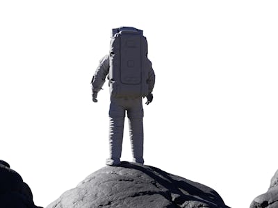 astronaut standing on rocks, spaceman isolated on white background (3d science illustration) 