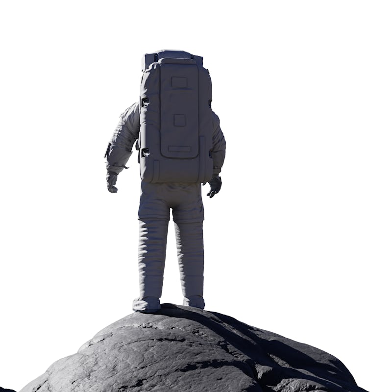 astronaut standing on rocks, spaceman isolated on white background (3d science illustration)