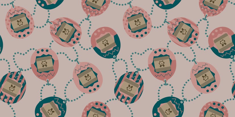 Cute tamagotchi vector pattern, seamless repeat on light background. Flat illustration style in past...