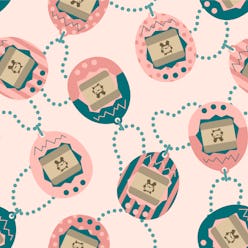 Cute tamagotchi vector pattern, seamless repeat on light background. Flat illustration style in past...