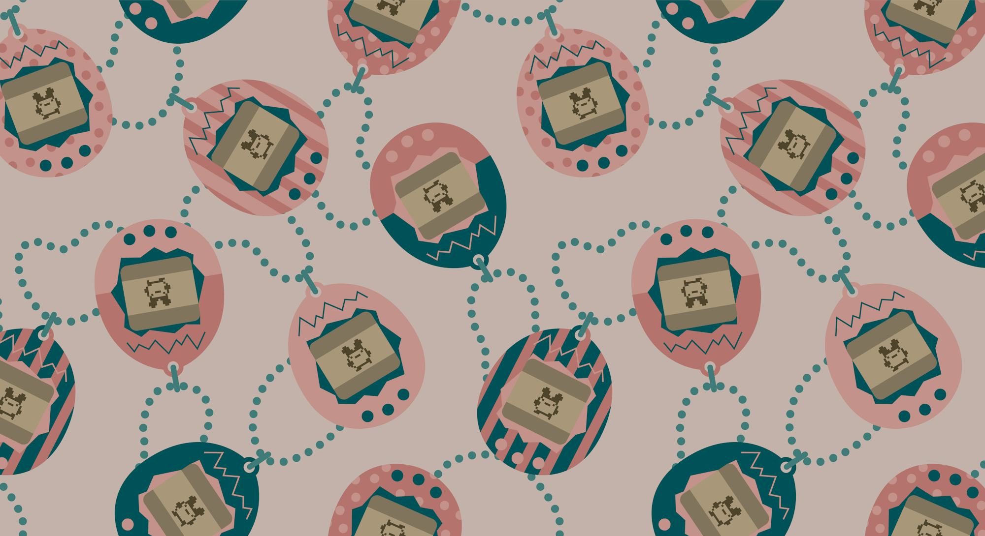 Cute tamagotchi vector pattern, seamless repeat on light background. Flat illustration style in past...