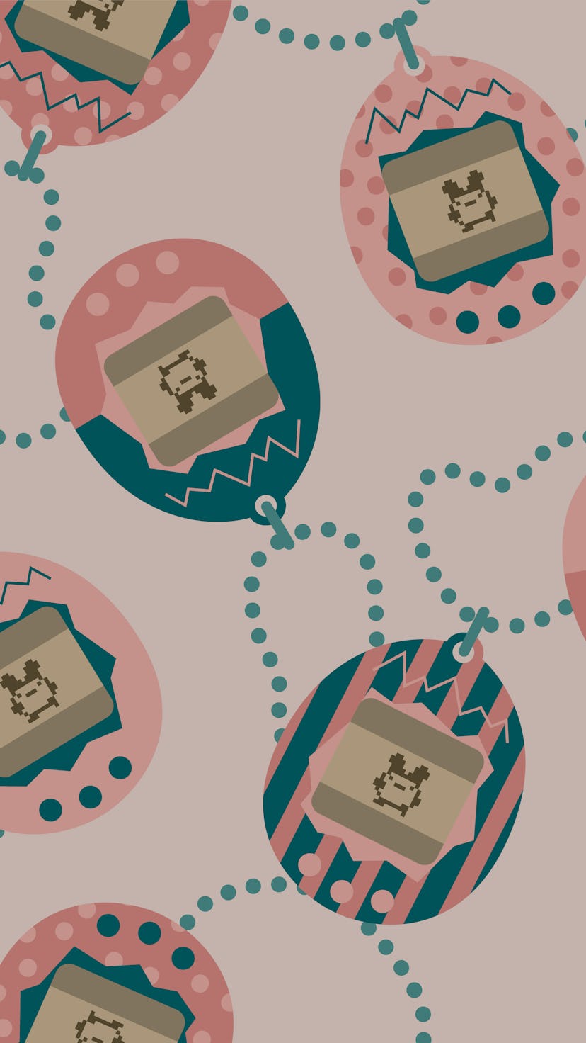 Cute tamagotchi vector pattern, seamless repeat on light background. Flat illustration style in past...