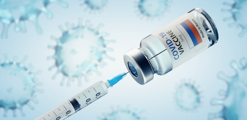 Russian COVID-19 Coronavirus Vaccine and Syringe Concept Image. 3d illustration.