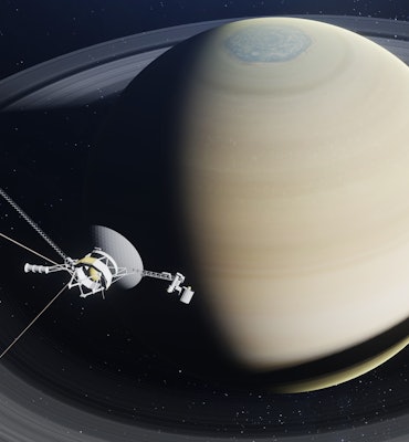Voyager Space Probe Approaching Planet Saturn 3D Rendering