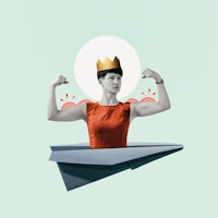 A paper airplane with a strong woman with a crown on her head. Art collage. 