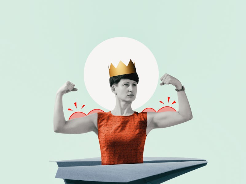 A paper airplane with a strong woman with a crown on her head. Art collage.