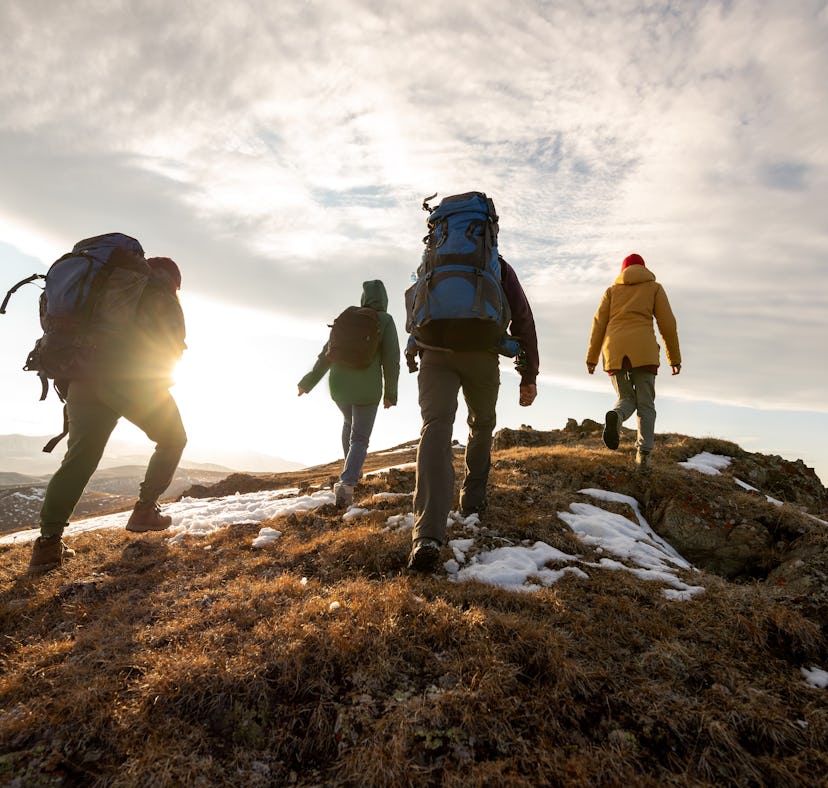 Group of four hikers with backpacks walks in mountains at sunset