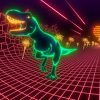 T-Rex dinosaur walks through a neon jungle. 80s retro style wallpaper background. 3d illustration