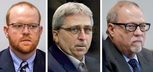 This photo combo shows, from left, Travis McMichael, William "Roddie" Bryan, and Gregory McMichael d...