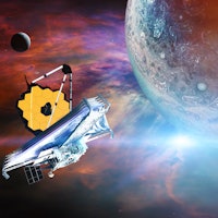 The James Webb telescope explores outer space. JWST launch art. Elements of this image furnished by ...