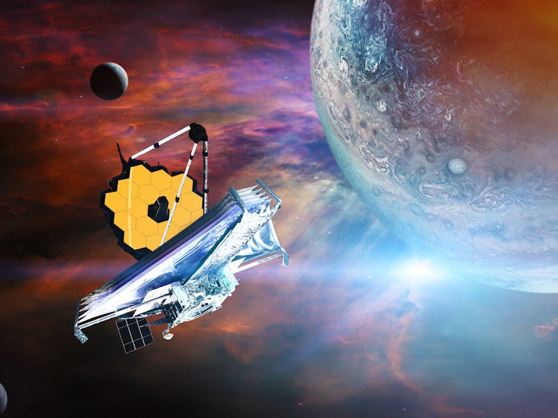 The James Webb telescope explores outer space. JWST launch art. Elements of this image furnished by ...