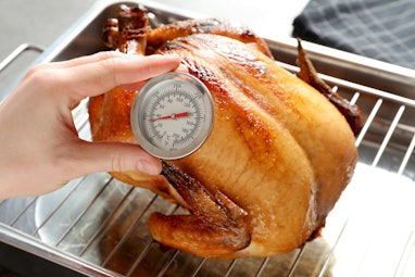 Woman measuring temperature of whole roasted turkey with meat thermometer, closeup