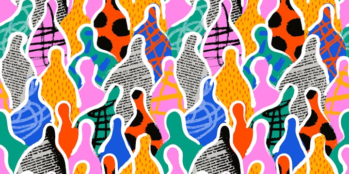 Colorful diverse people crowd abstract art seamless pattern. Multi-ethnic community, big cultural di...