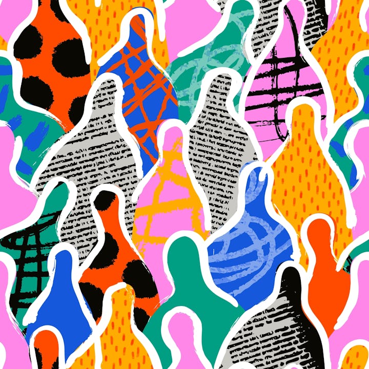 Colorful diverse people crowd abstract art seamless pattern. Multi-ethnic community, big cultural di...