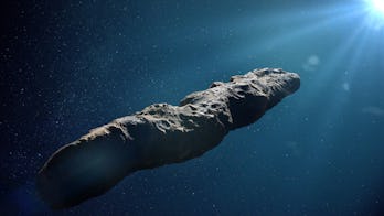 Oumuamua comet, interstellar object flying through the solar system, unusually shaped asteroid (3D s...