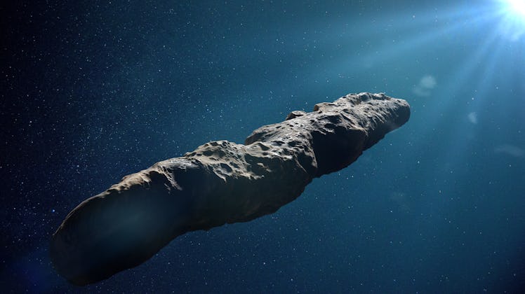 Oumuamua comet, interstellar object  passing through the Solar System, unusual shaped asteroid (3d s...