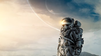 Astronaut walking on an unexplored planet.  mixed media