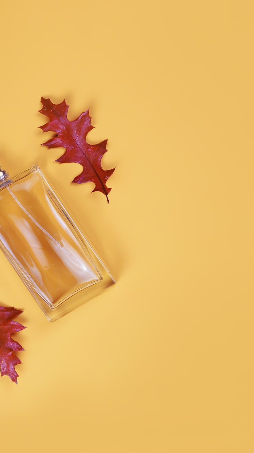 Eau de toilette in a transparent bottle and autumn red leaves oak lies beautifully on a yellow backg...