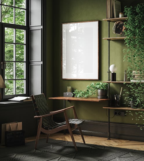 Mockup frame in home office interior background, mid-century modern style in loft, 3d render