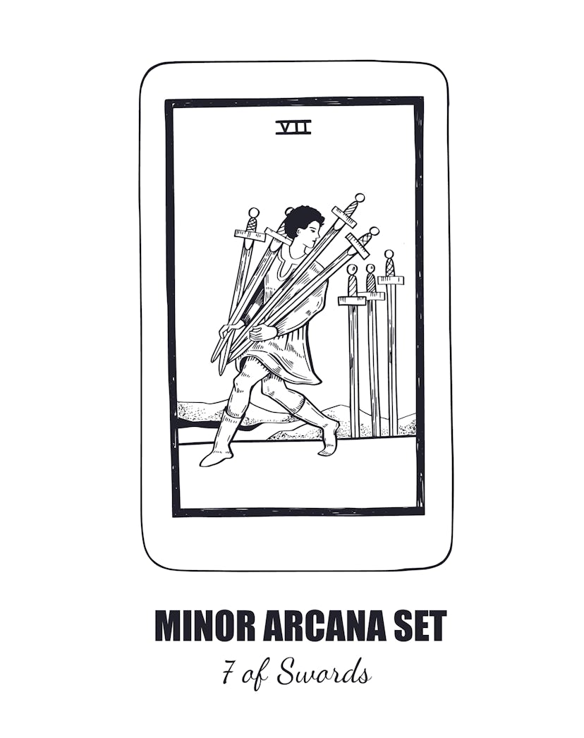 The 7 of Swords may show infidelity in a tarot reading.
