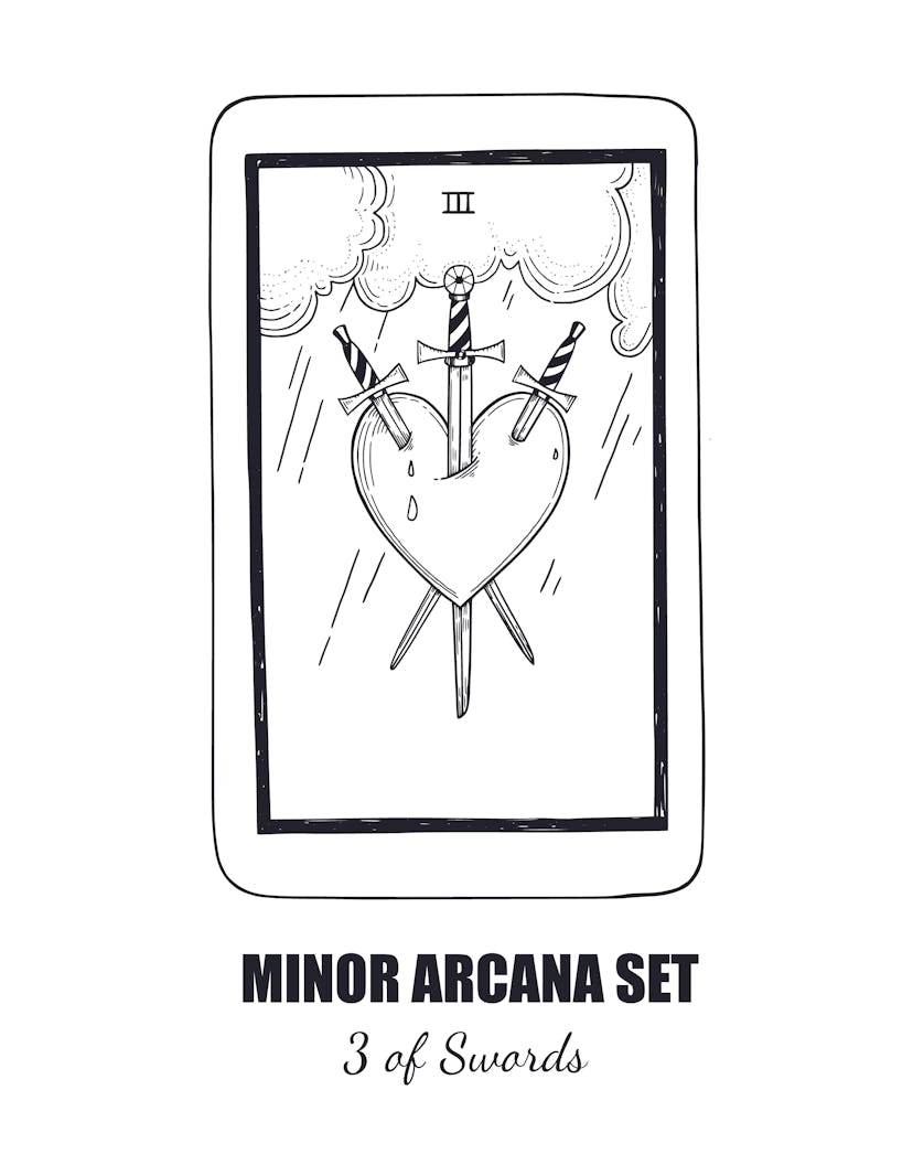 The Three of Swords tarot card could mean cheating in a love reading