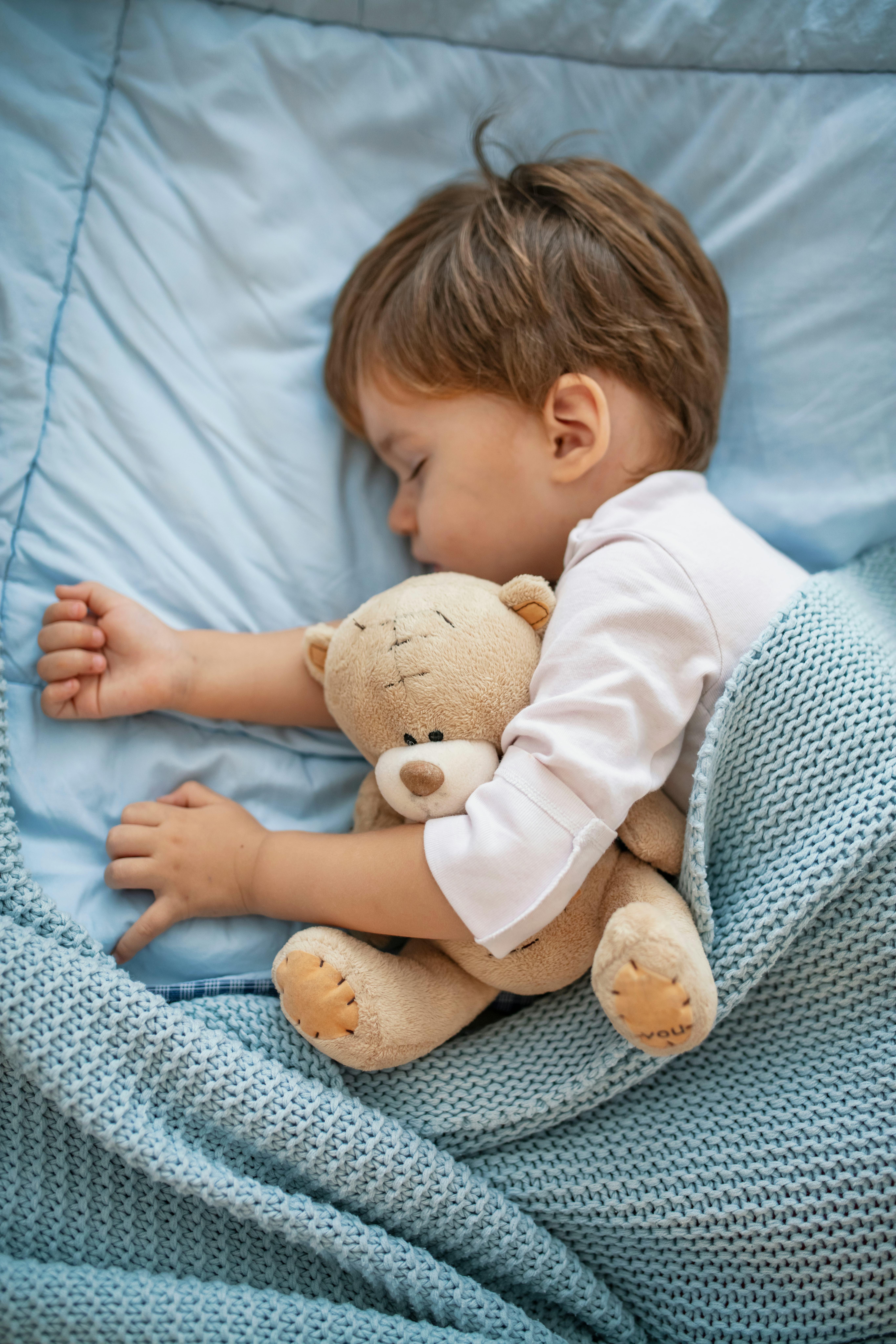 Toddler sleeping under blanket with stuffed animal.