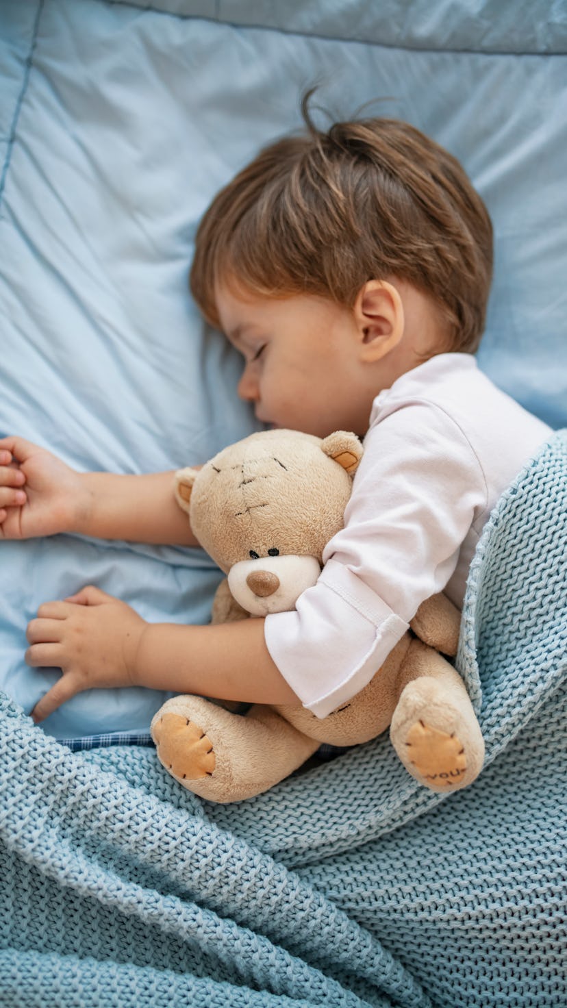 Toddler sleeping under blanket with stuffed animal.